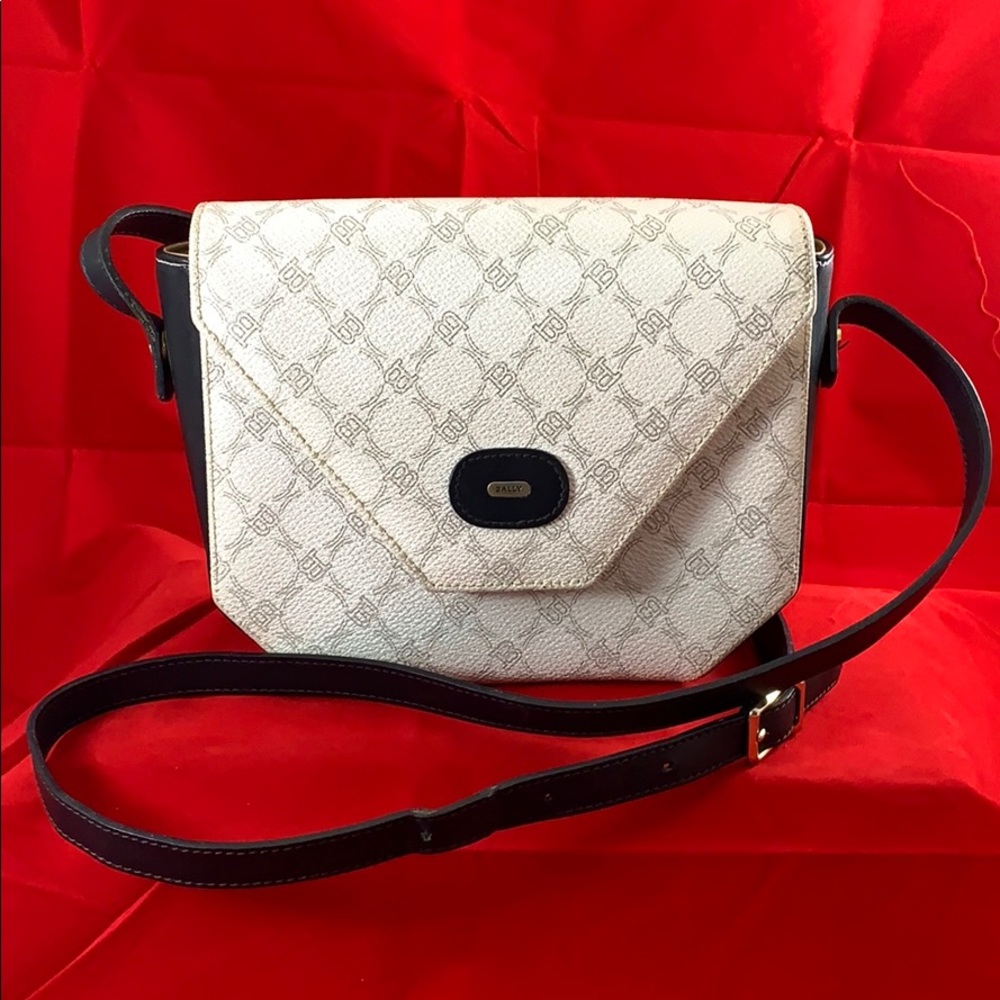 Bally Cream Monogram Crossbody Bag with Black Strap